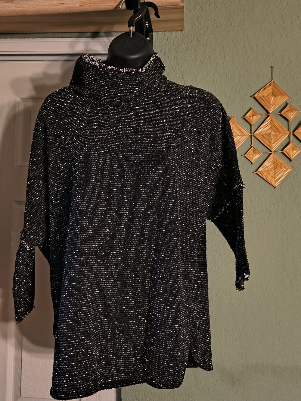 Max Studio Black White Tweed Fringe Mock Neck Dolman Tunic Top Size S